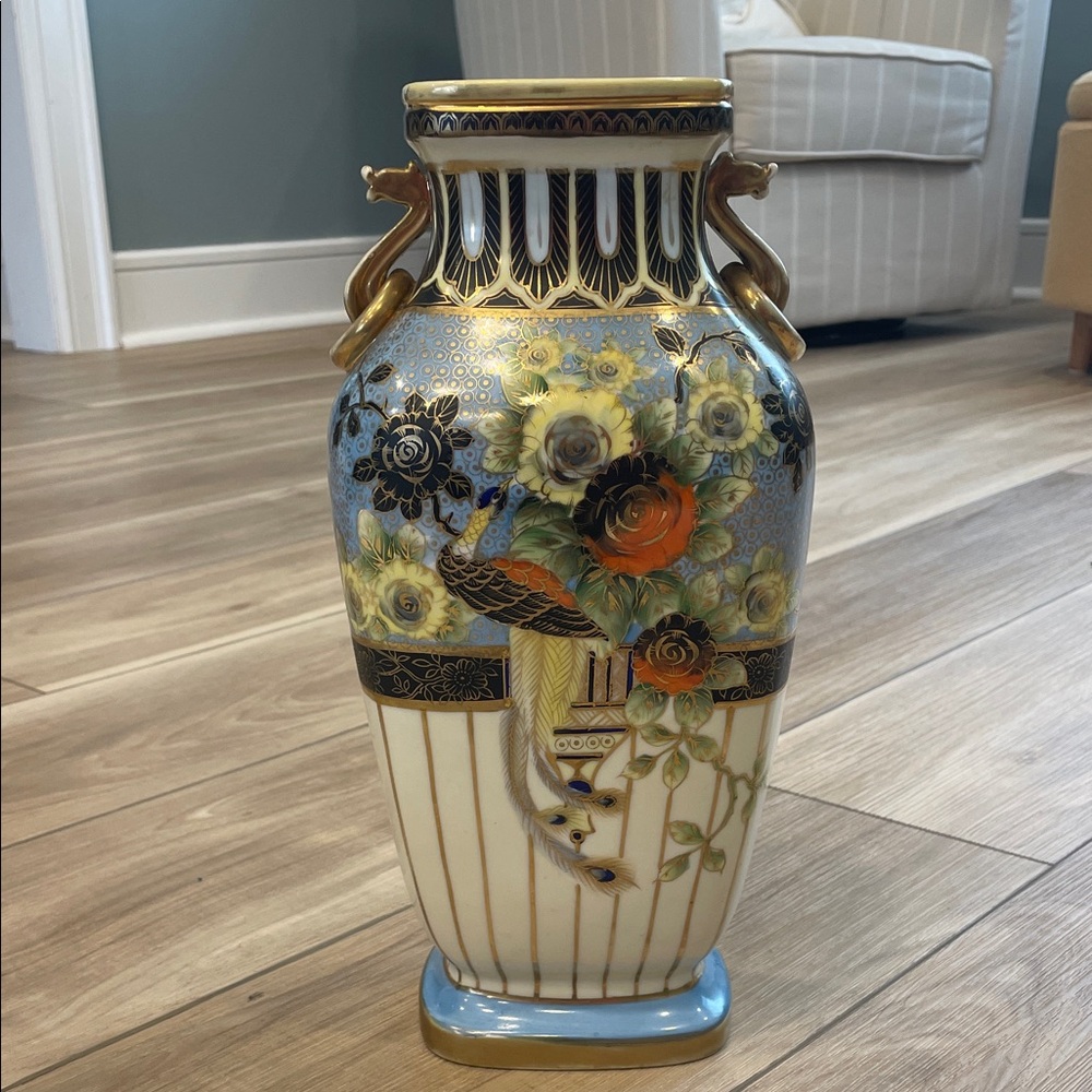 Noritake Decorative Floral Peacock Ceramic Vase in Blue and Gold